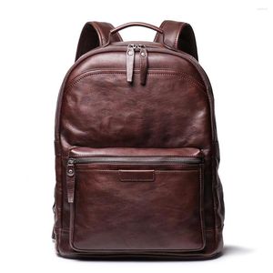 Backpack Tanned Vegetable Leather Men Soft Student School Bag Cowhide Travel Man Business Vintage Computer