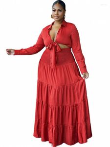 ワークドレス2 2ピースセット女性スカート衣装秋のラペルクロップトップと弾性ハイウエストマキシスーツレディーパーティーマッチセット