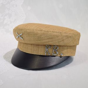 Berets Women Summer Breathable Straw Sboy Cap Flat Visor Diamond Letter Baker Boy Hat