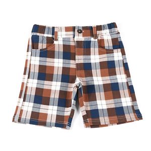 Pantaloncini Pantaloncini da ragazzo pantaloni estivi scozzesi cintura ad alta elasticità tasche su entrambi i lati vestiti per bambini pulsante centrale sul davanti chilidren 230505