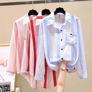 Women's Blouses Single Pocket Red Vertical Striped Shirt Women's Long Sleeve Top Chic Woman Blouse 2023 Summer Thin Cardigan SL25