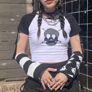 Damen T-Shirt Vintage Fairy Trash Damen Sommer Schwarz und Weiß Patchwork Skull Print Femme Harajuku Casual Streetwear Y2k Top 2022 Kawaii Z0506