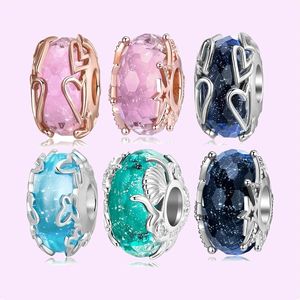 925 Charm koraliki Akcesoria Fit Pandora Charms Jewelryd biżuteria Prezent Ocean Kolor Murano Glass Kulki Butterfly Lśniące