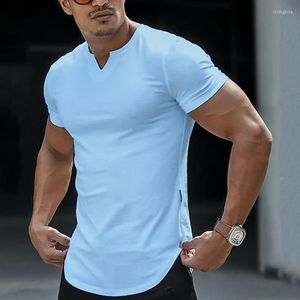 Homens camisetas Casual Slim Fit Camisa Esportiva Mens Verão Manga Curta V Pescoço Skinny Stretch Tees Lazer Roupas Masculinas Streetwear Pulôver Tops