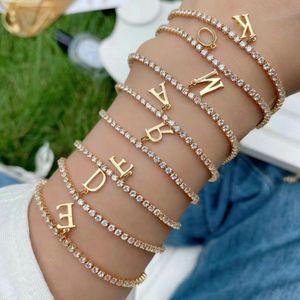 Chain 10Pcs Clear Cubic Zircon Pave Setting Beaded Adjustable Bracelet Gold Brass Alphabet Letter Initial Charms Bracelets 230506