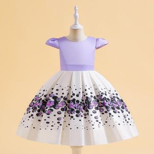 La ragazza veste il vestito dal fiore del manicotto della protezione dell'abito da ballo di spettacolo della stampa del raso viola adorabile per gli abiti della prima comunione di lunghezza del ginocchio 4-7Y