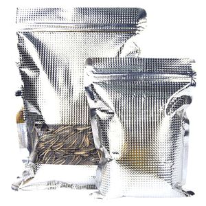 Lock Silver Mylar Foil Embossing Bag with Frosted Window Self Seal Tear Notch Resealable Food Ground Coffee Pouches