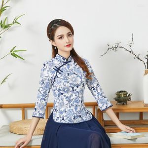 Этническая одежда плюс размер S-4xl Blouse китайский стиль синий и белый фарфоровый топы Cheongsam Элегантная рубашка Qipao Top