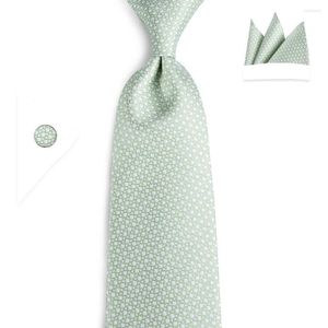 Bow Ties DiBanGu Green Polyester Necktie Handkerchief Cufflinks Sets For Men Men's Wedding Jacquard Tie Hanky Cuff Links Set SJT-7153