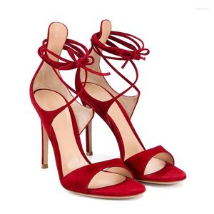 Sandals Women's Peep Toe Lace Up Ankle Strap Shoes Sexy Party Stilettos High Heels Red Faux Suede Strappy Plus Size 2023