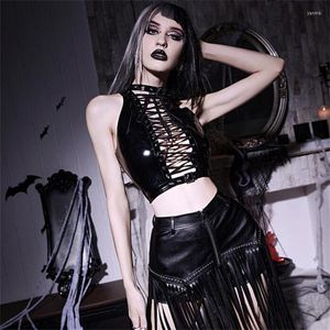 Women's Tanks Summer Pu Leather Vest Womens Crop Corsets Tops Coquette Veteme Hollow Corns Strap Neck Gothic Tight Black Shiny Small Sling