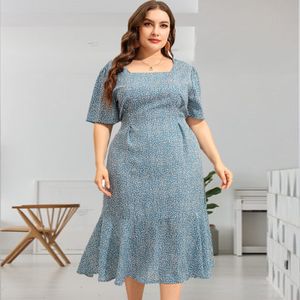 Plus size Dresses Vintage Casual Women Plus Size Dresses Midi Ruffle Boho Flower Square Neck Short Sleeve 230506