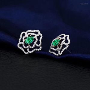 Stud Earrings Natural Emerald Flower Style Earring 925 Sterling Silver 0.4ct 2pcs Gemstone Fine Jewelry #R982807