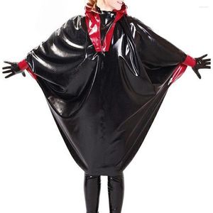 Casual Dresses Vestidos Wetlook PVC Leather Hooded Zip Loose Dress Black Patchwork Batwing Long Sleeve Women Faux Latex Club Party Costume