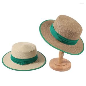 Wide Brim Hats Summer Outdoor Green Straw Hat For Women Female Flat Ribbon Sun Protection Caps Travel