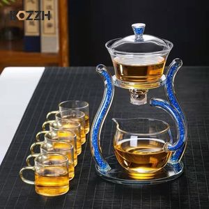 Kieliszki do wina Bozzh Crystal Teapot Zestaw Automatyczny leniwy grzejnik herbaty magnetyczna obrotowa pokrywa kung fu odporna na ciepło 6 szklanki 230505