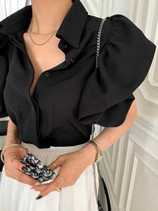 Женские блузкие рубашки корейская шикарная черная рубашка Женщины лето с коротким рукавом односпальная блуза Женская модная мода повседневное оборотное воротнич