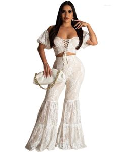 Women's Tracksuits White Lace Sexy Two Piece Set Women Outfits Spring Summer Lace-Up Crop Top And Flared Pants Suit Lady Party Matching Sets