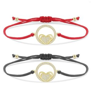 Bracelets de charme cúbico zircônia pedras de bronze amor coração dentro de uma pulseira de círculo redondo mulheres 2023 moda cz jóias de cordas vermelhas presentes