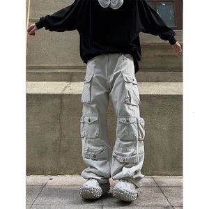Herr shorts gata vit multi ficka overaller harajuku stil lös casual byxor raka mopping byxor hösten 230506