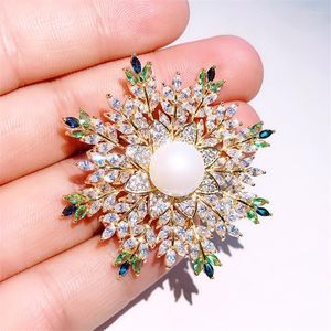 Brooches Fashion Luxury Snowflake Zircon For Women Exquisite Colorful Crystal Pearl Brooch Bridal Wedding Jewelry