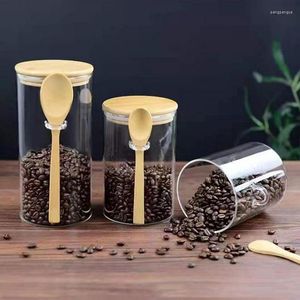 Storage Bottles Transparent Glass Containers With Bamboo Lids & Wooden Spoon Kitchen Bottle For Flour Brown Sugar Loose Leaf Tea Spices