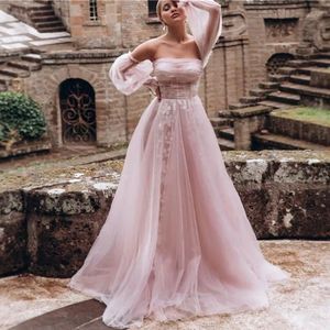 New Formal Evening Dresses A Line Prom Party Gown Off-Shoulder Long Sleeve Floor-Length Sweep Train Tulle long Backless Zipper Custom Made