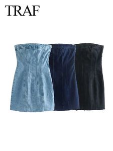 Sıradan Elbiseler Trafı Kadın Tüp Kapalı Omuz Elbise Mavi Denim Elbise Kadınlar İçin Arka Seksi Kısa Elbiseler Vintage Mini Yaz Elbiseleri Z0506