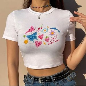 Women's T-Shirt Women's Vintage White Butterfly Short Print Short Sleeve TShirt Women's Slim Top Summer Y2K Club Wear Crop Top Kawaii y2k Top Z0506