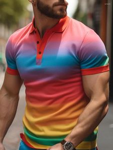 Polo da uomo Polo da uomo con stampa artistica a righe arcobaleno Collo casual con zip stampata in 3D Vestibilità regolare