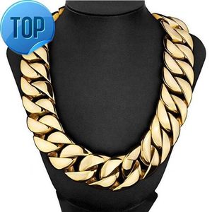 Unisex Mens 31mm Large Heavy Polished Stainless Steel Plated 18k Gold Thick Chunky Cuban Curb Chain Link Necklace 14K Gold CZ Stone Hip Hop