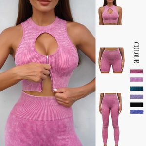 Kvinnors spårningsdräkter 1/2 bit rib tvättad sömlös yogaset Sexig utskärning blixtlåssportbh -skörd topp leggings gym set fitness aktiv slitage kvinnor träning p230506