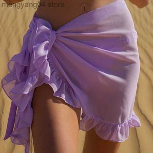 Kjolar kvinnor mesh sarong klänning mode ruffle badkläder fast färg strandkläder för damer 2022 Ny baddräkt wrap kjol High Quaily T230506