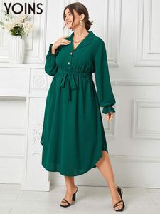 Plus storlek klänningar yoins kvinnor plus storlek klänning solid långärmad höstklänningar bälte lapel krage arbete ol vestidos elegant sundress streetwear 230506