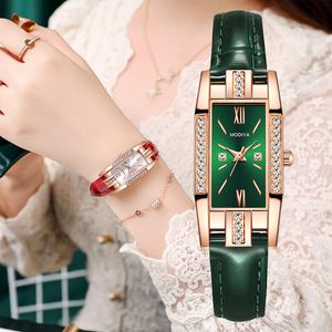 Womens Watches Luxury Fashion Green Women Qualities Diamond Studded Quartz Watch Lady Leather Wristwatches Elegant Montre Femme 230506
