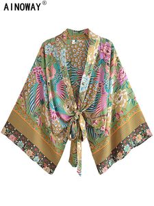 Damen Bademode Vintage Boho Kimono Pfau Short Robe Badeanzug Fashion Floral Fledermausärmel Rayon Bohemian Bikini Cover Ups Beachwear 230506