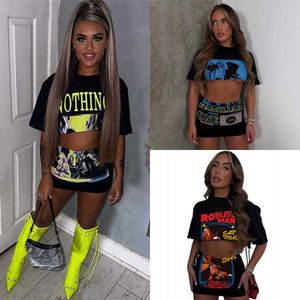 Women Dresses Letter Print Black 2 Piece Set Matching Streetwear Suits Short Sleeve Bare Midriff Crop Top Mini Skirt Sets