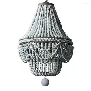 Pendant Lamps France Wood Bead Chandelier Lights Gray Blue Finishing Retro Vintage Antique Rustic Kitchen Ceiling Lamp Light Fixtures