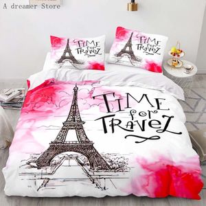 Yatak takımları Eyfel Tower Nevresim Romantik Çift Çiçek Yatak Seti Kral Boyutu Microfiber Fransa Paris Cityscape Yatak Seti Kız Kadın 230506