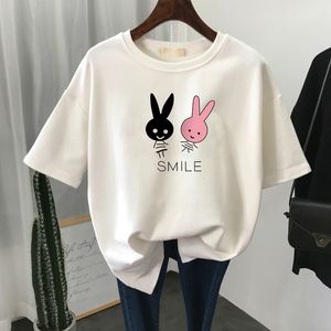 여자 플러스 사이즈 TSHIRT 셔츠 100면 L6XL 셔츠 짧은 소매 여성 OP 여름 만화 인쇄 캐주얼 O 목을 대형 셔츠 230506