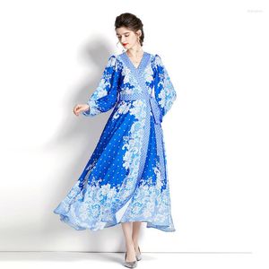 Casual Dresses Bohemian Women Flower Print Party Maxi Dress Collar Long Sleeve Split Belted Vestido Robe Turkish Eid Islamiska kläder