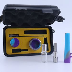 Bunte Silikonpfeife Nektarsammler-Tupfer-Sets mit Titan-Nagelspitzen-Wachsbehälter-Kit Glasschüssel-Tupfer-Ölplattformen-Plastikbox-Paket-Bongs