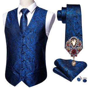 Brooches 5PCS Designer Mens Wedding Suit Vest Navy Blue Paisley Jacquard Folral Silk Waistcoat Tie Brooches Vest Set Barry.Wang Groom