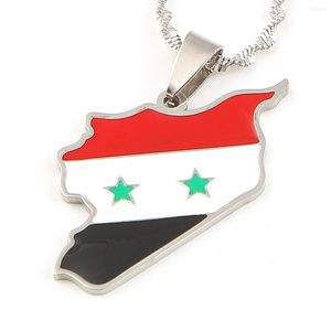 Correntes Esmalte País Síria Bandeira Mapas Colar Pingente Feminino Aço Inoxidável Moda Jóias