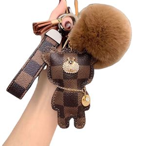 New Cool Keychain Cute Bear Print Pattern PU Leather Keychains Car Accessories Key Ring Lanyard Key Wallet Chain Rope Chain Set