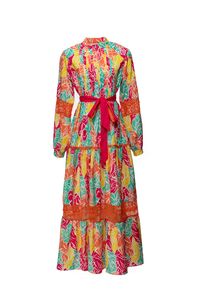 2023 Summer Multicolor Floral Print Belted Dress Lantern Sleeve Stand Collar Paneled Long Casual Dresses D3W031904