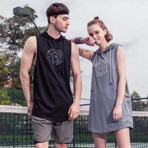 Men's T Shirts Sleeveless Sports Vest Mid-Length Hooded T-shirt Fashion & Short-Sleeved Lion Dance Printing Men