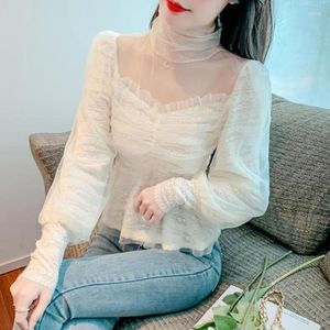 Kvinnor Blusar High Neck Mesh Mosaic Lace Shirt Women Design Sense Small Style Autumn Solid French Hollow Out Long Sleeve Blue Top