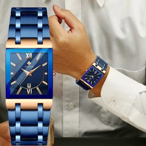 Нарученные часы Relogio Masculino Fashion Watches Men Wwoor Luxury Square Blue Mens Нарученные часы из нержавеющей стали водонепроницаемые кварцевые часы мужчина 230506