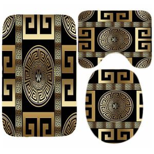 Tappetini di lusso in oro nero con chiave greca e bordo meandro, set di tappetini da bagno moderni e geometrici ornati, per la decorazione del tappeto del bagno